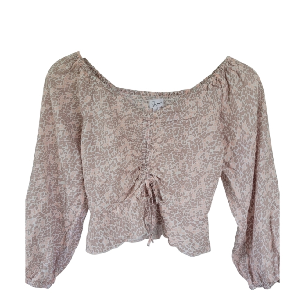 Japna XS Square Neck Ruched Peplum Crop Top Puff Sleeve Animal Print Coquette - Picture 3 of 11